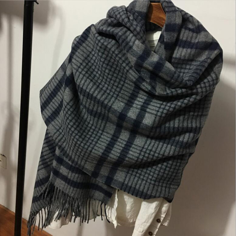 Soft Wool Scarves Gray Plaid Women Winter Pashmina Scarf